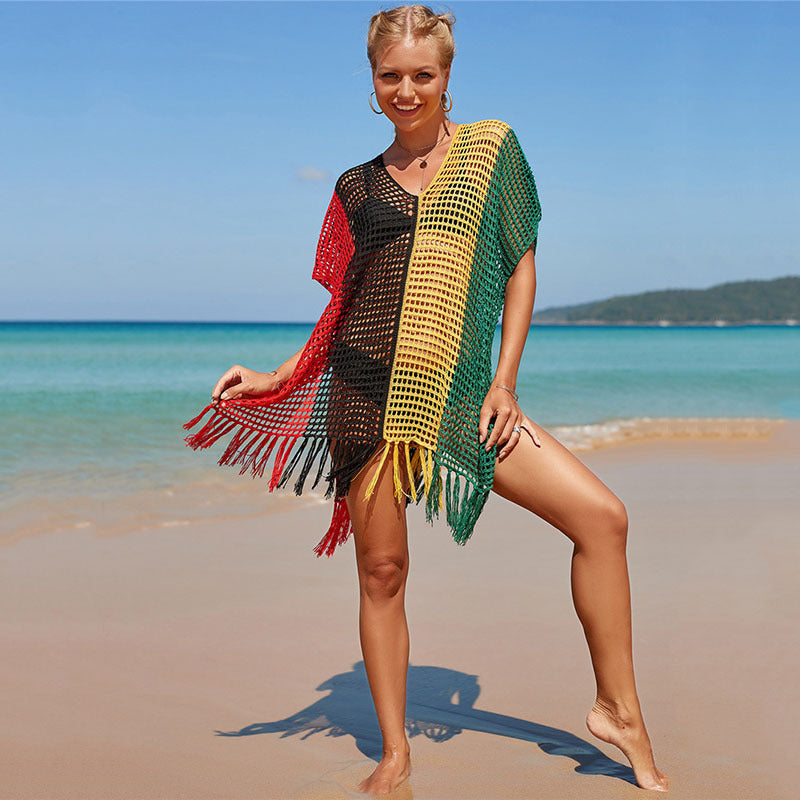 Colorful & Striped Hollow-Knitted Beach Blouse