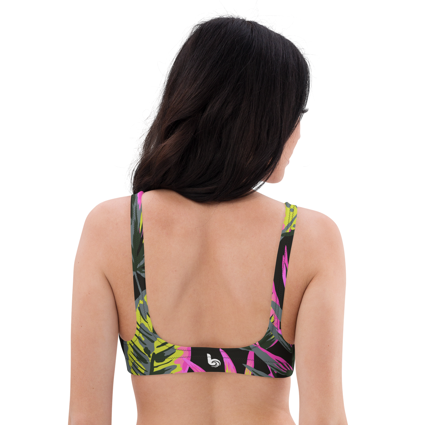 Black Tropical Plant and Floral Pattern Recycled Bikini Top