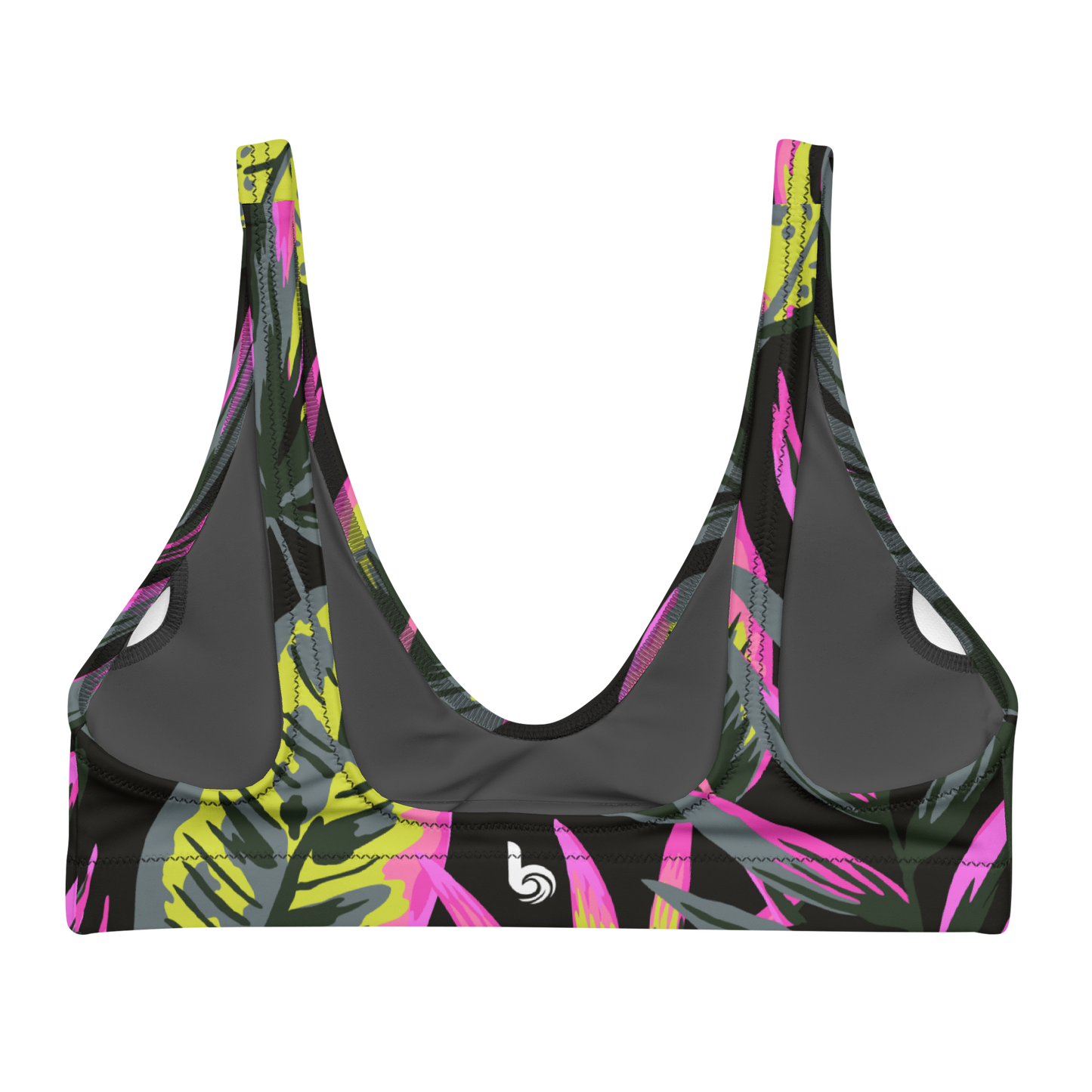 Black Tropical Plant and Floral Pattern Recycled Bikini Top