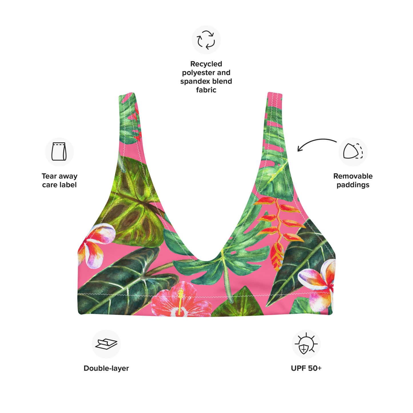 Pink Tropical Plant & Floral Pattern Recycled Bikini Top